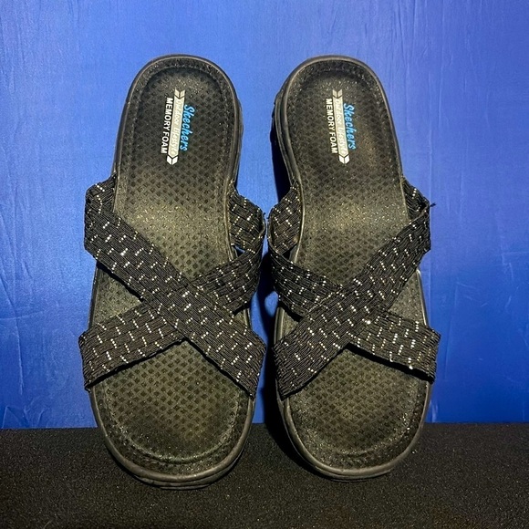 Skechers Outdoor Lifestyle Sandals Womens 11.0 Black Woven Slip On Memory Foam - Picture 3 of 8